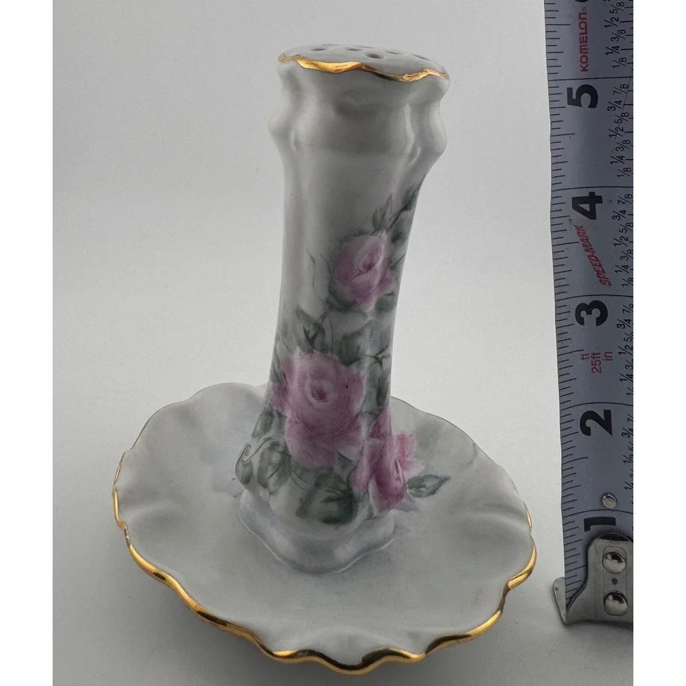 Vintage Hand‎ Painted Porcelain Hatpin Holder Pink Roses Gold Trim - Wagenman